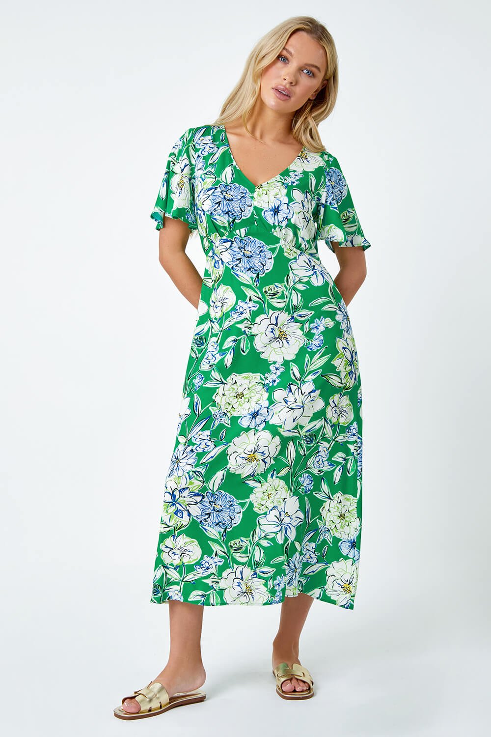 Green Petite Floral Print Midi Dress, Image 2 of 5