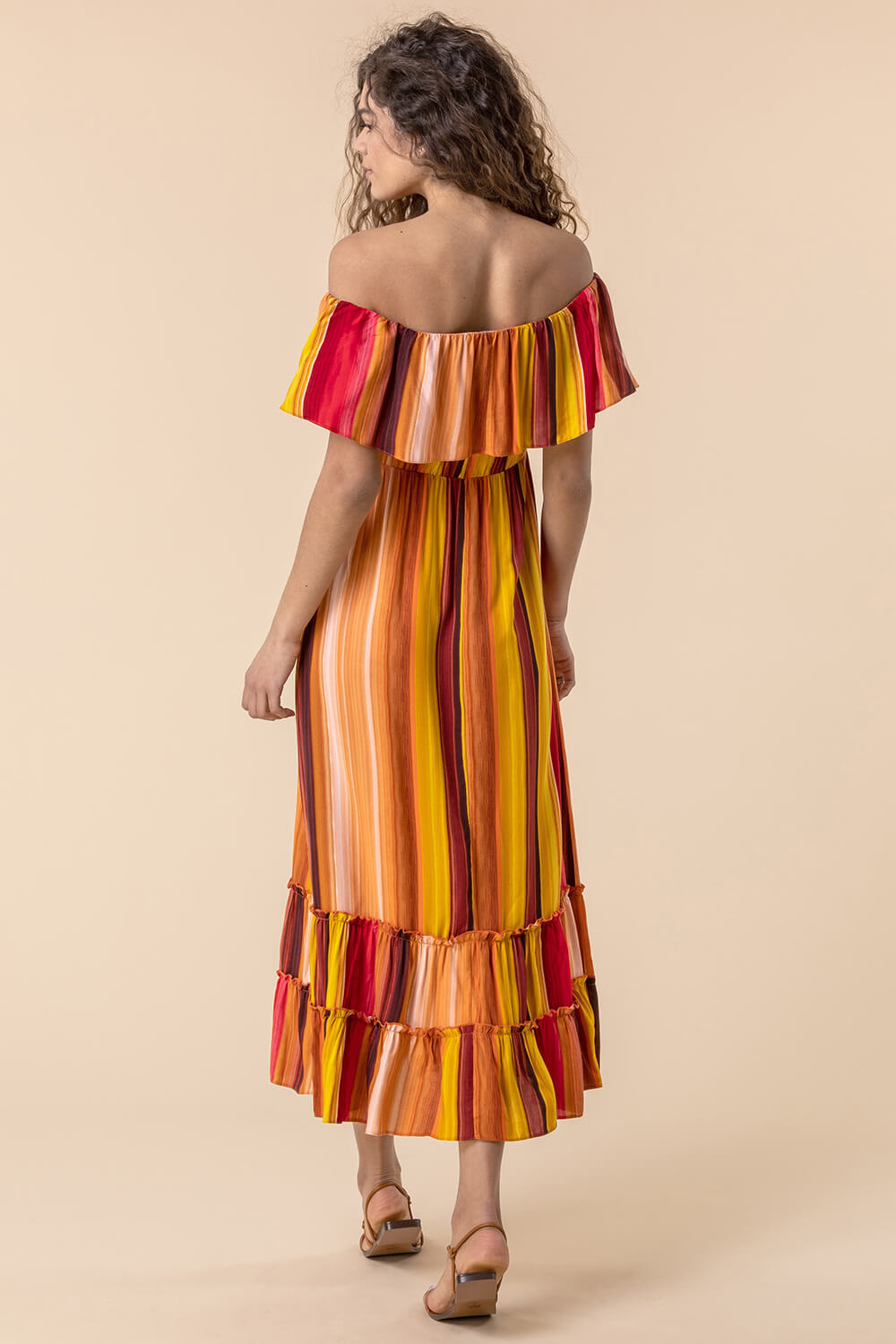 Multi  Striped Ruffle Bardot Maxi Dress, Image 2 of 5
