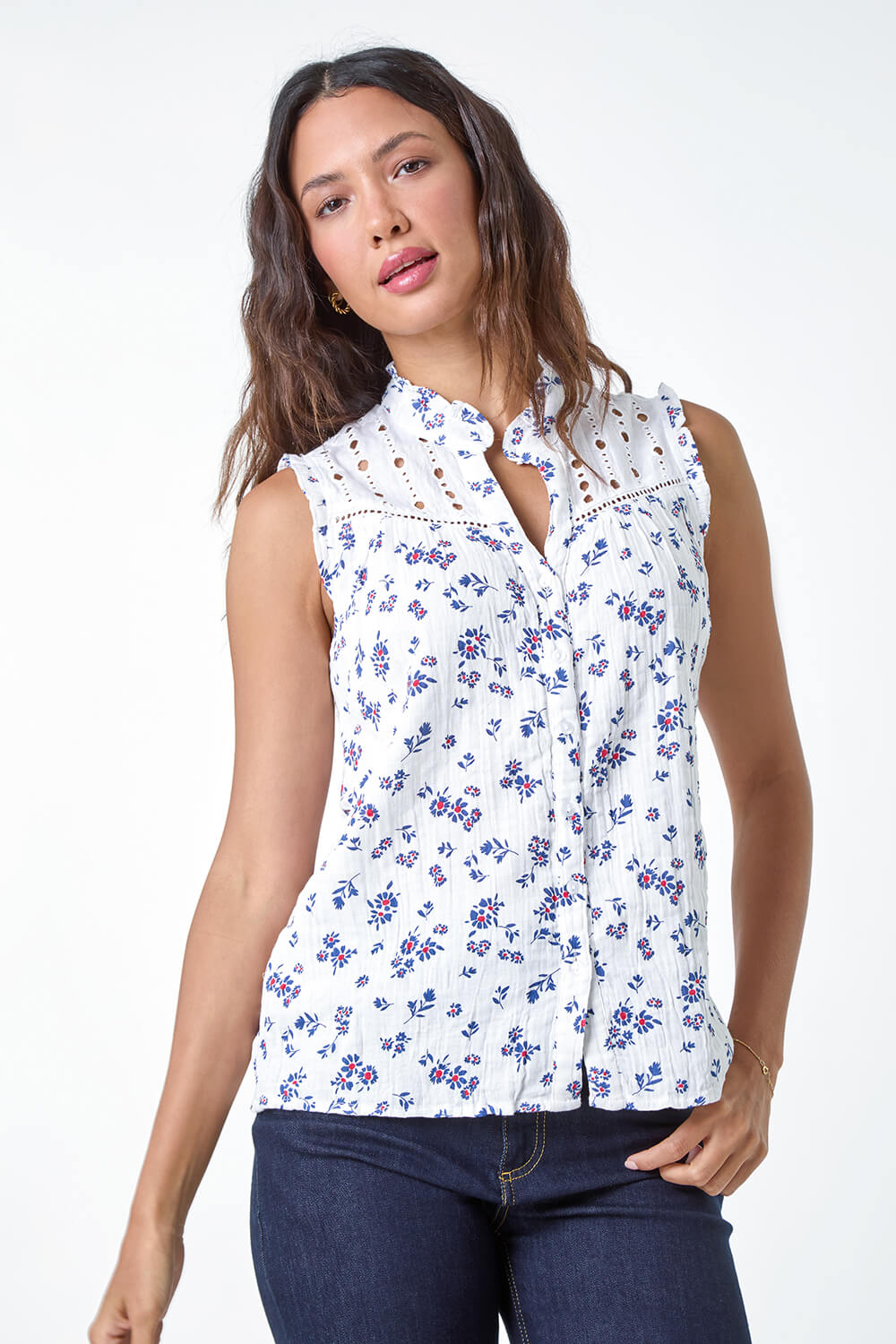 Blue Cotton Embroidered Floral Blouse, Image 4 of 5