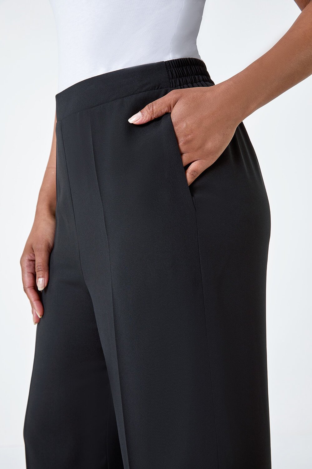 Black Petite Pocket Elastic Waist Wide Leg Trousers, Image 5 of 5