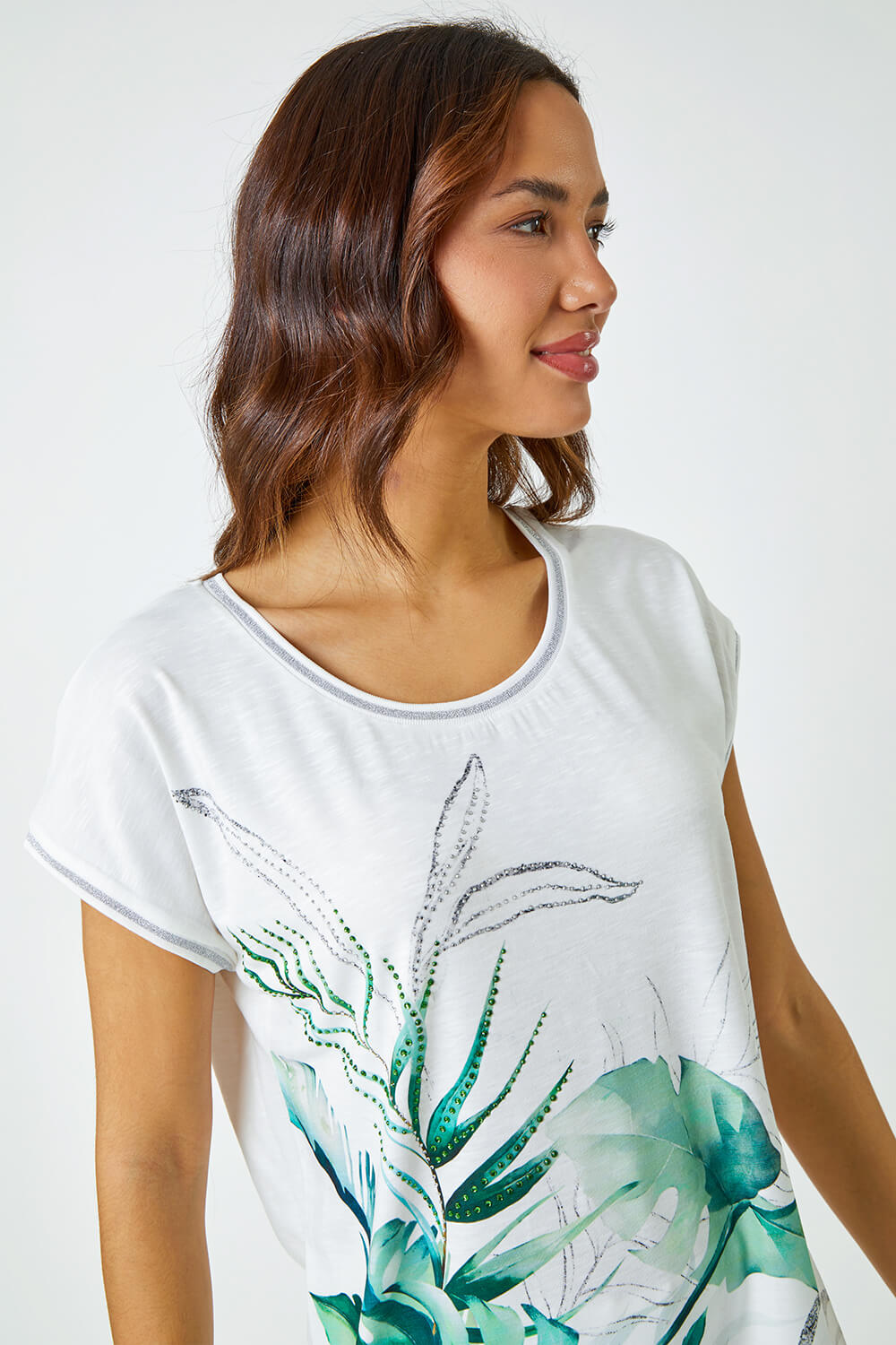 Green Palm Print Embellished Tunic Top, Image 4 of 5