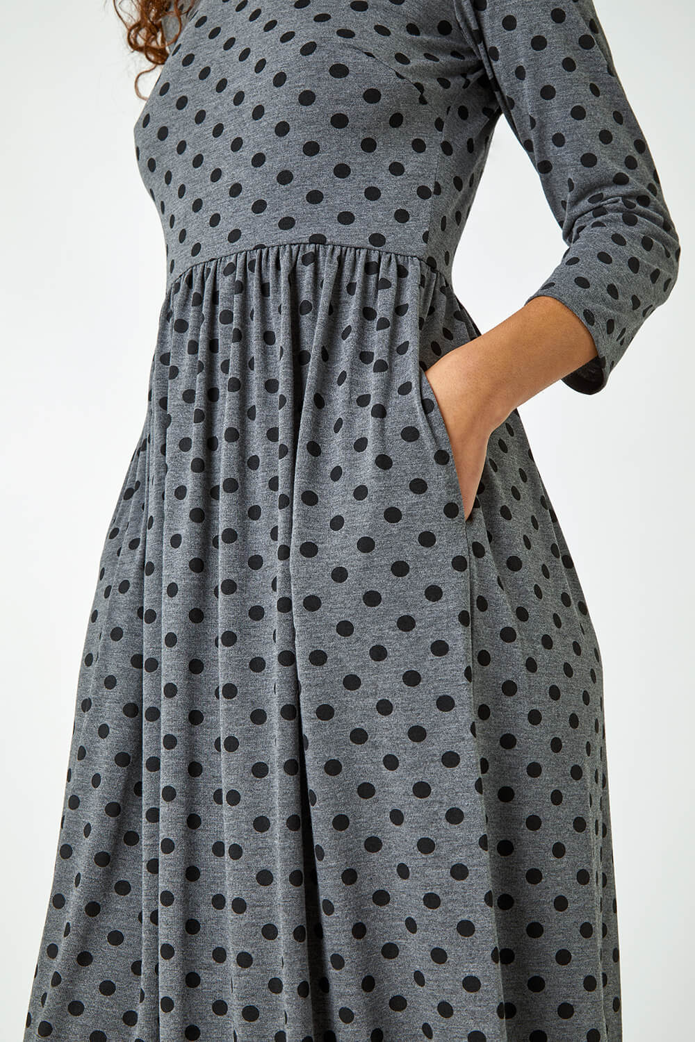Grey Polka Dot Print Midi Stretch Dress, Image 5 of 5