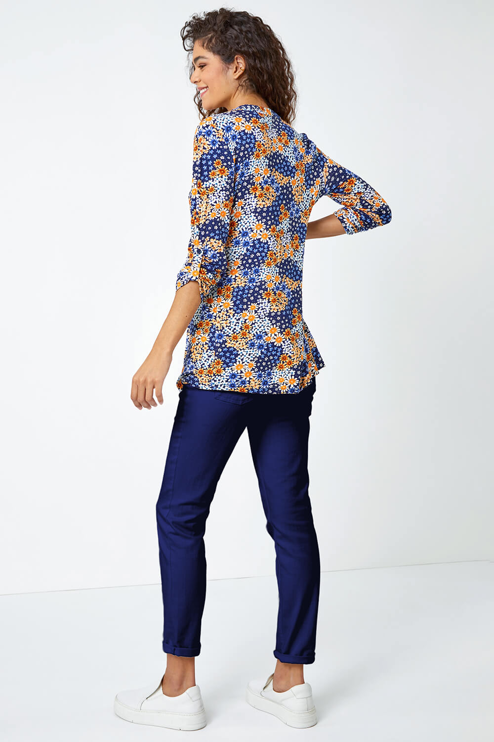 ORANGE Ditsy Floral Pintuck 3/4 Sleeve Jersey Shirt, Image 2 of 5