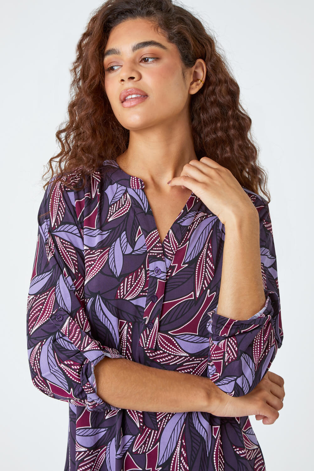 Purple Textured Leaf Print Stretch Shirt, Image 4 of 5