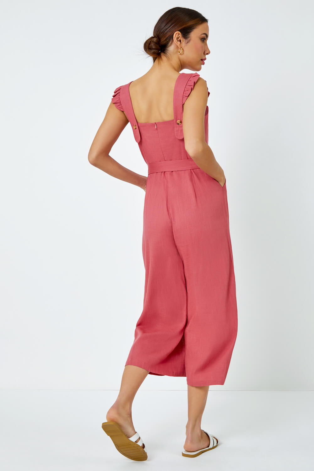 PINK Linen Blend Cropped Frill Jumpsuit, Image 3 of 5