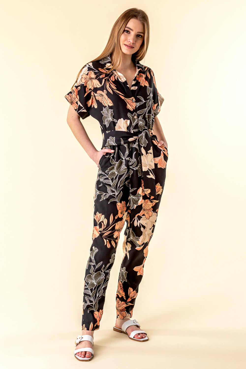 Black Belted Floral Print Jumpsuit, Image 3 of 4