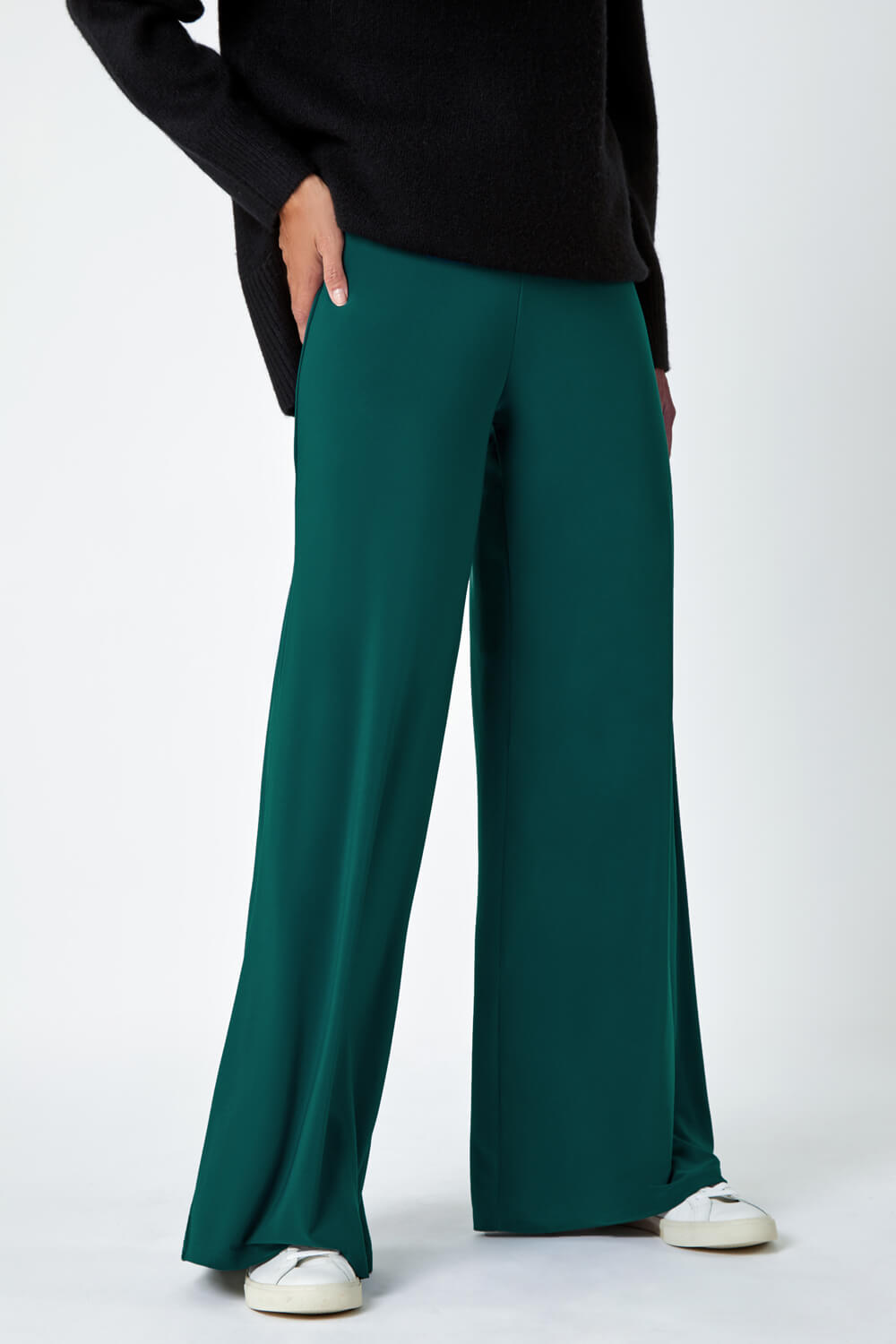 Teal Wide Leg Stretch Trousers, Image 4 of 5
