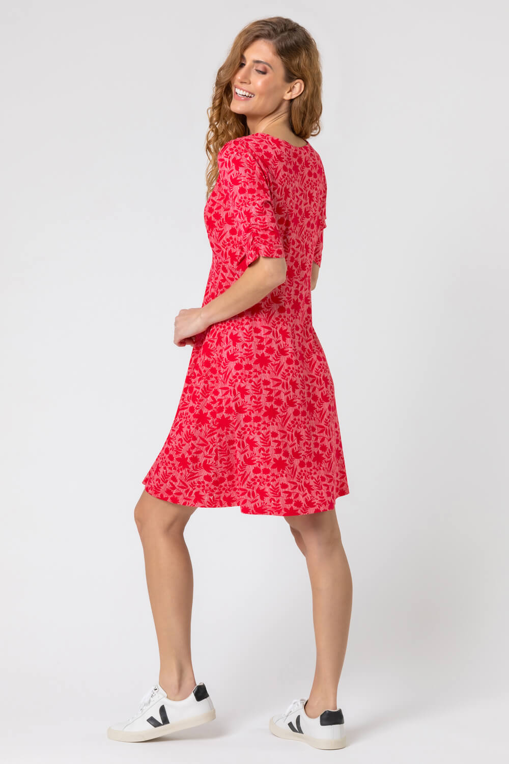 Red Floral Print Buttoned Tea Dress, Image 3 of 5
