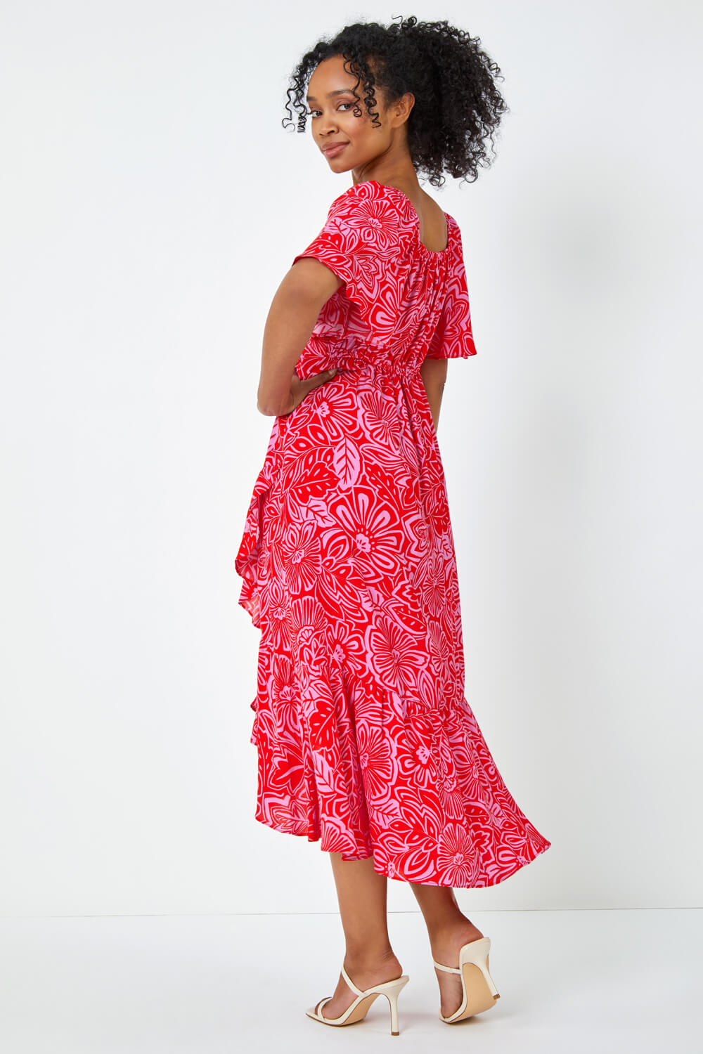 PINK Petite Floral Print Ruched Midi Dress , Image 3 of 5