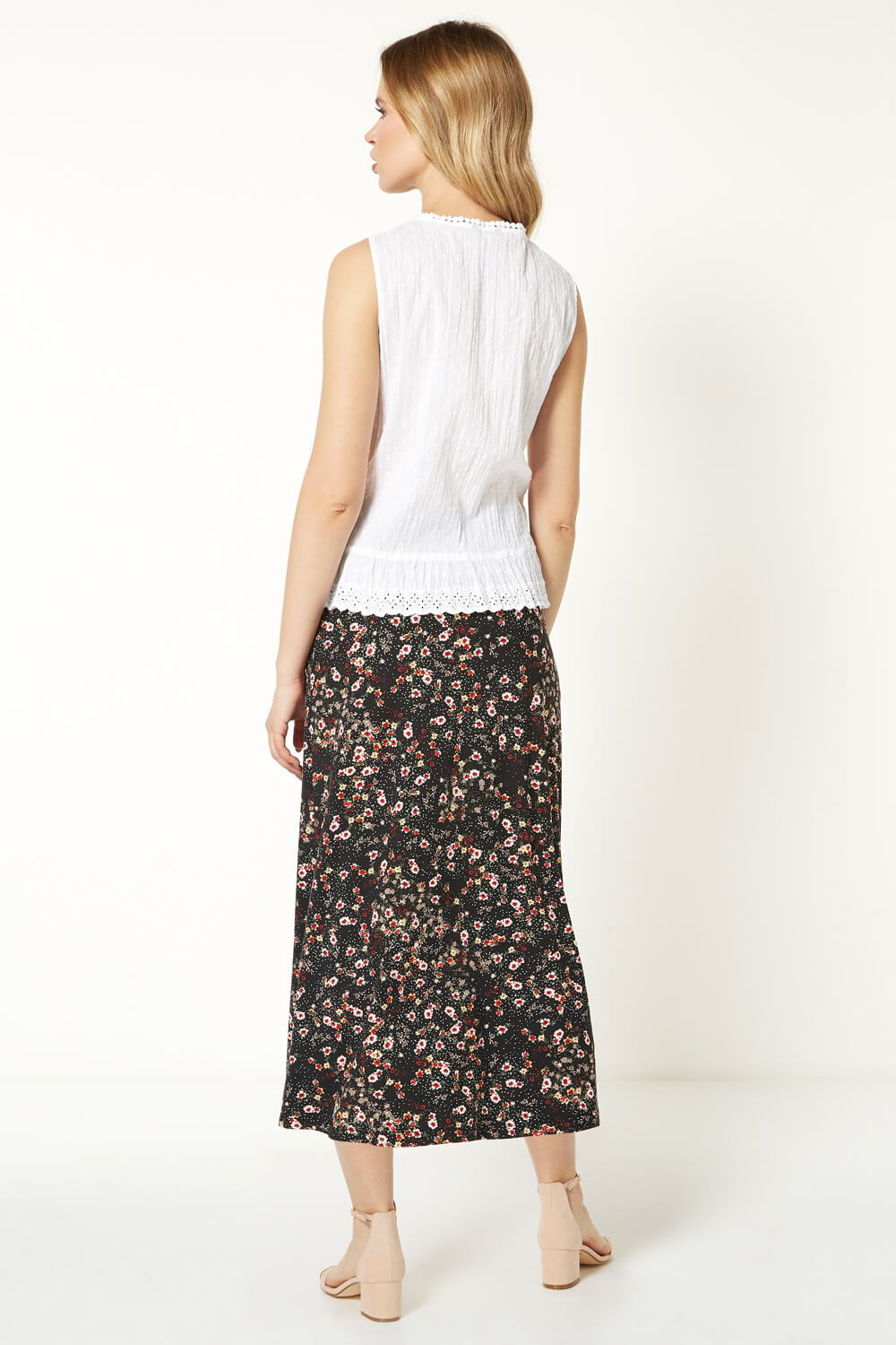 Black Floral Print Button Through Midi Skirt, Image 5 of 6