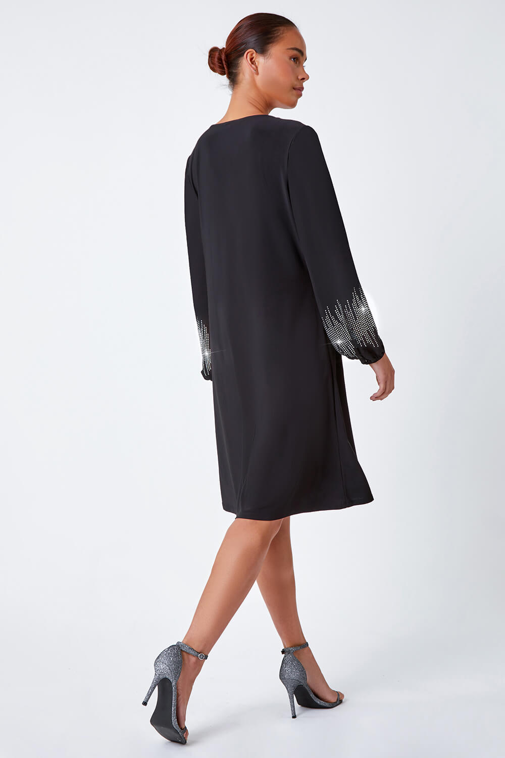 Black Petite Sparkle Sleeve Stretch Dress, Image 3 of 5