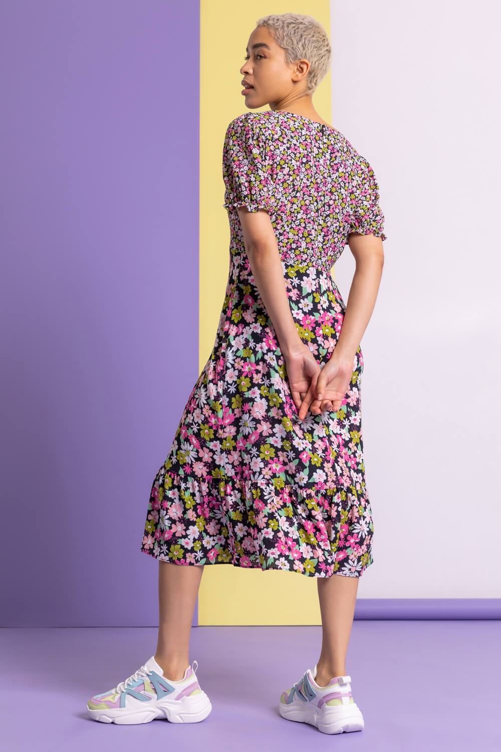 PINK Contrast Floral Print Tea Dress, Image 2 of 5