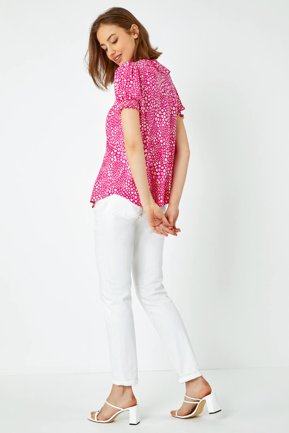 PINK Pebble Print Ruffle Front Blouse, Image 3 of 5