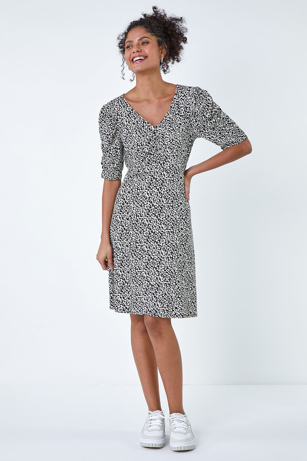 Black Ditsy Floral Ruched Puff Sleeve Dress, Image 2 of 5