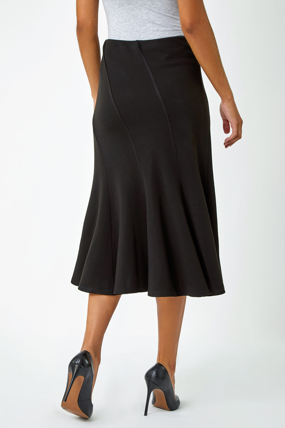 Black Panelled Flared Midi Stretch Skirt, Image 3 of 5