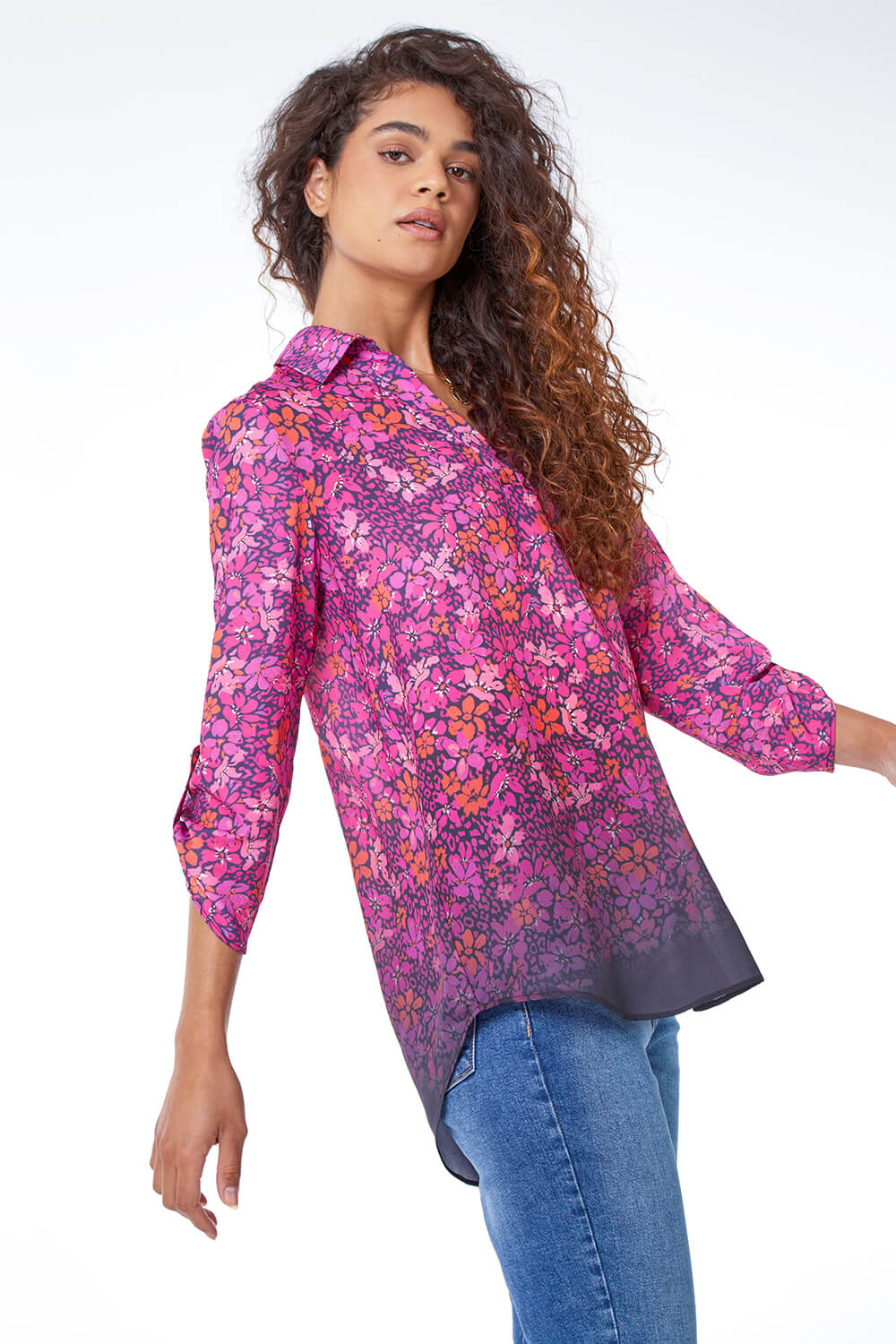 Floral Print Ombre Collared Overshirt