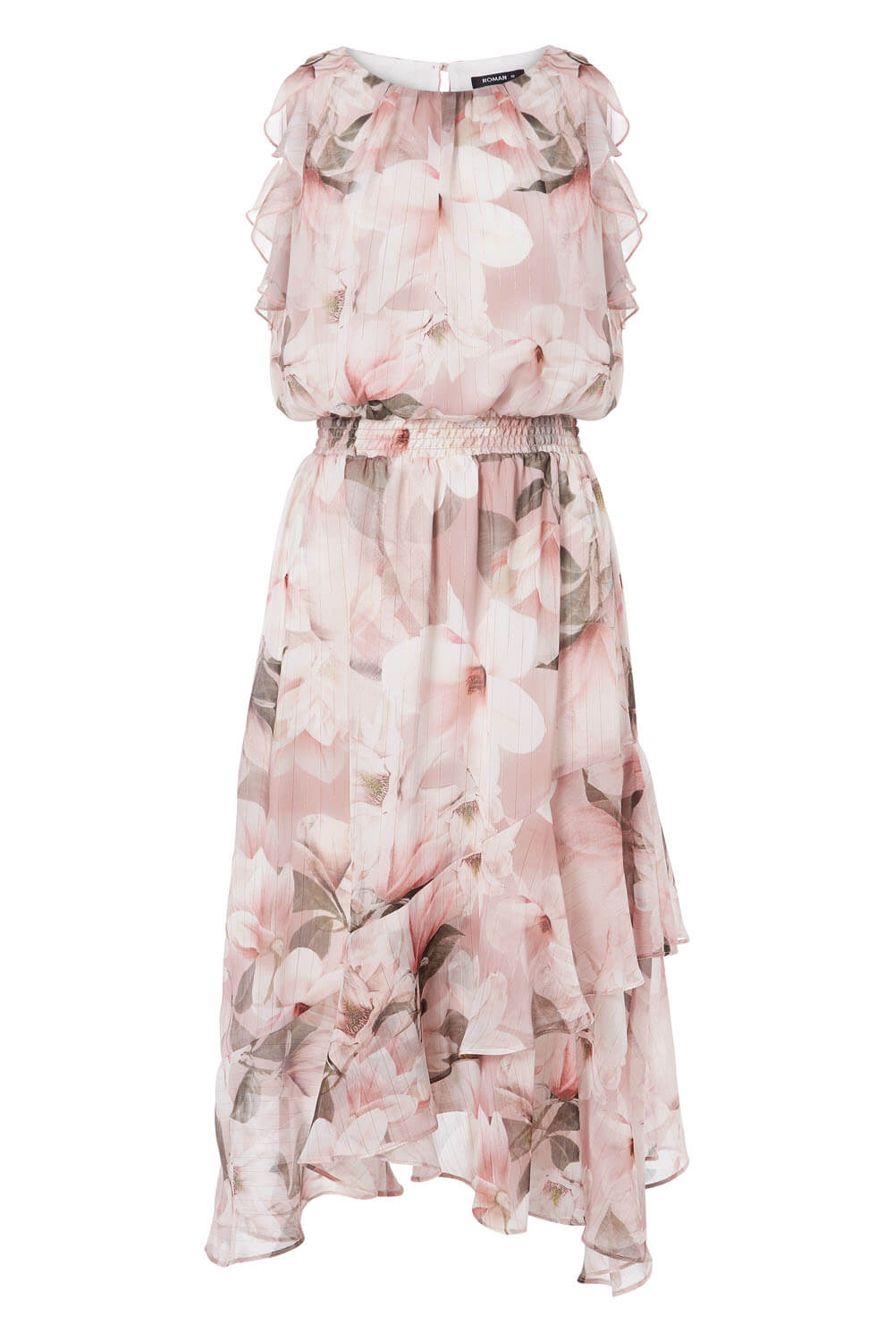 Light Pink Floral Frill Fit and Flare Midi Dress, Image 4 of 4