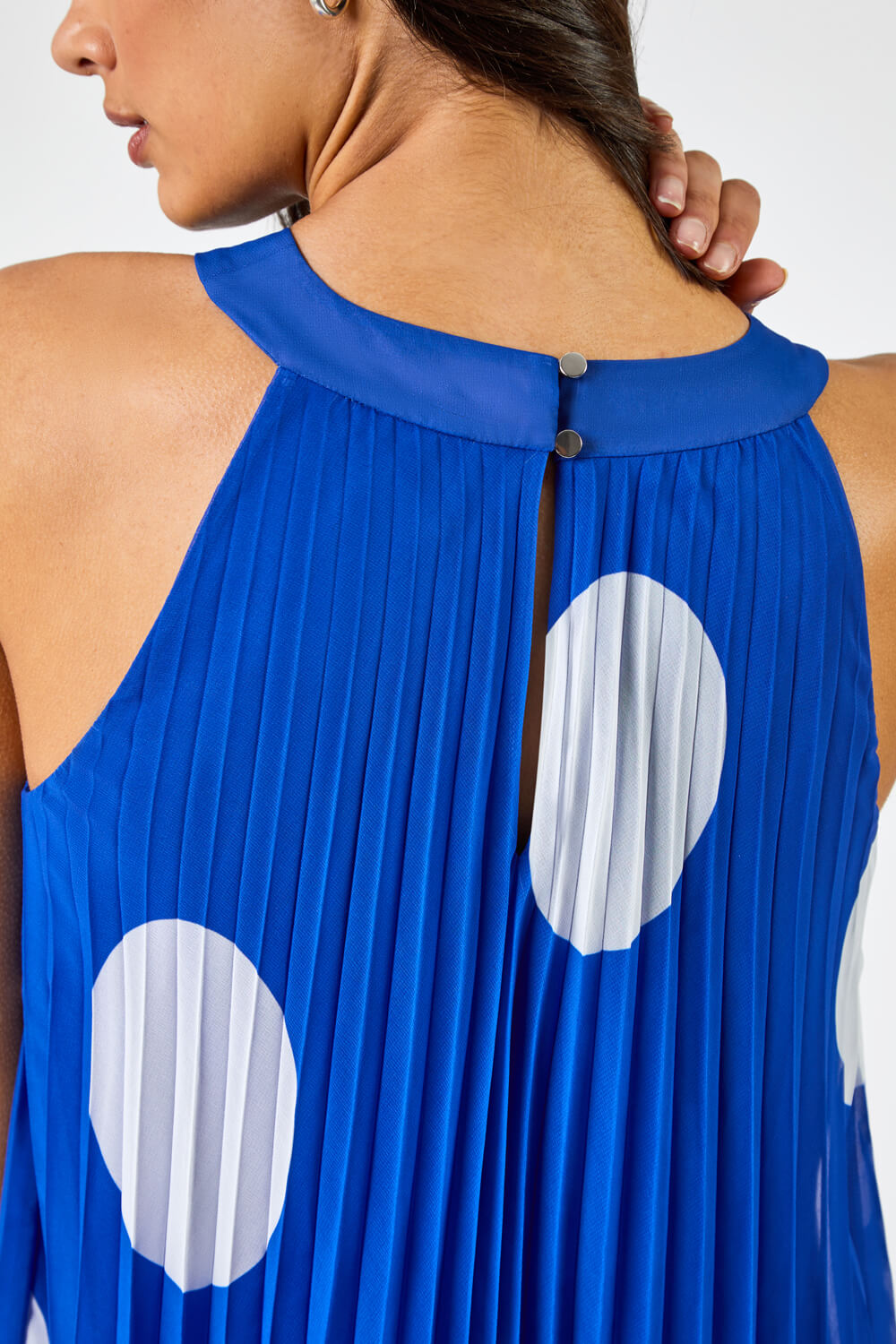 Royal Blue High Neck Spot Pleated Swing Dress, Image 5 of 5