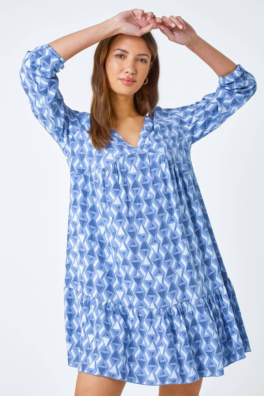Blue Geometric Print Relaxed Smock Dress, Image 2 of 5