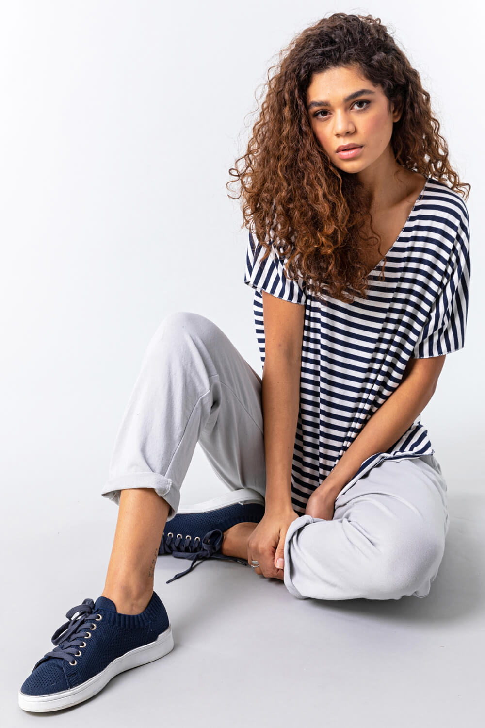 Navy  One Size Stripe Print Lounge Top, Image 4 of 4
