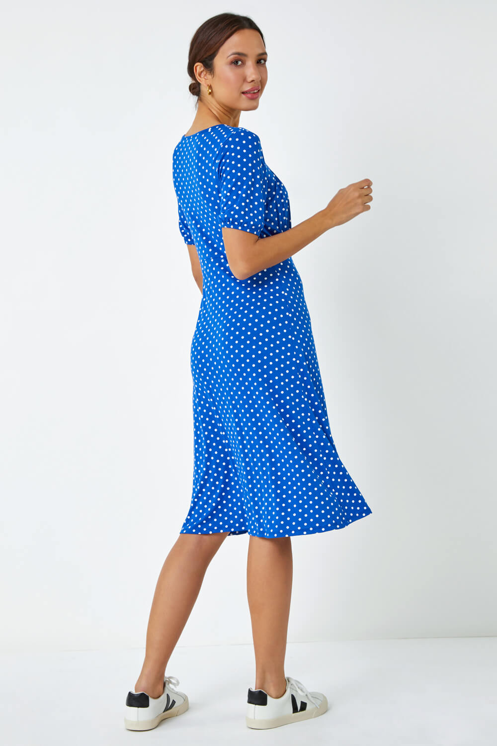 Royal Blue Polka Dot Print Stretch Dress, Image 3 of 5