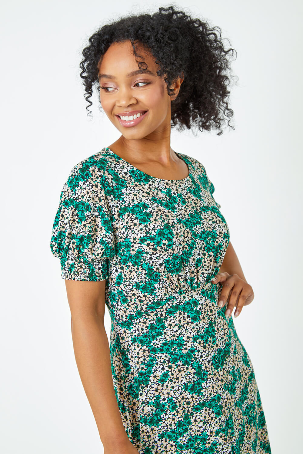Green Petite Shirred Sleeve Floral Dress, Image 4 of 5