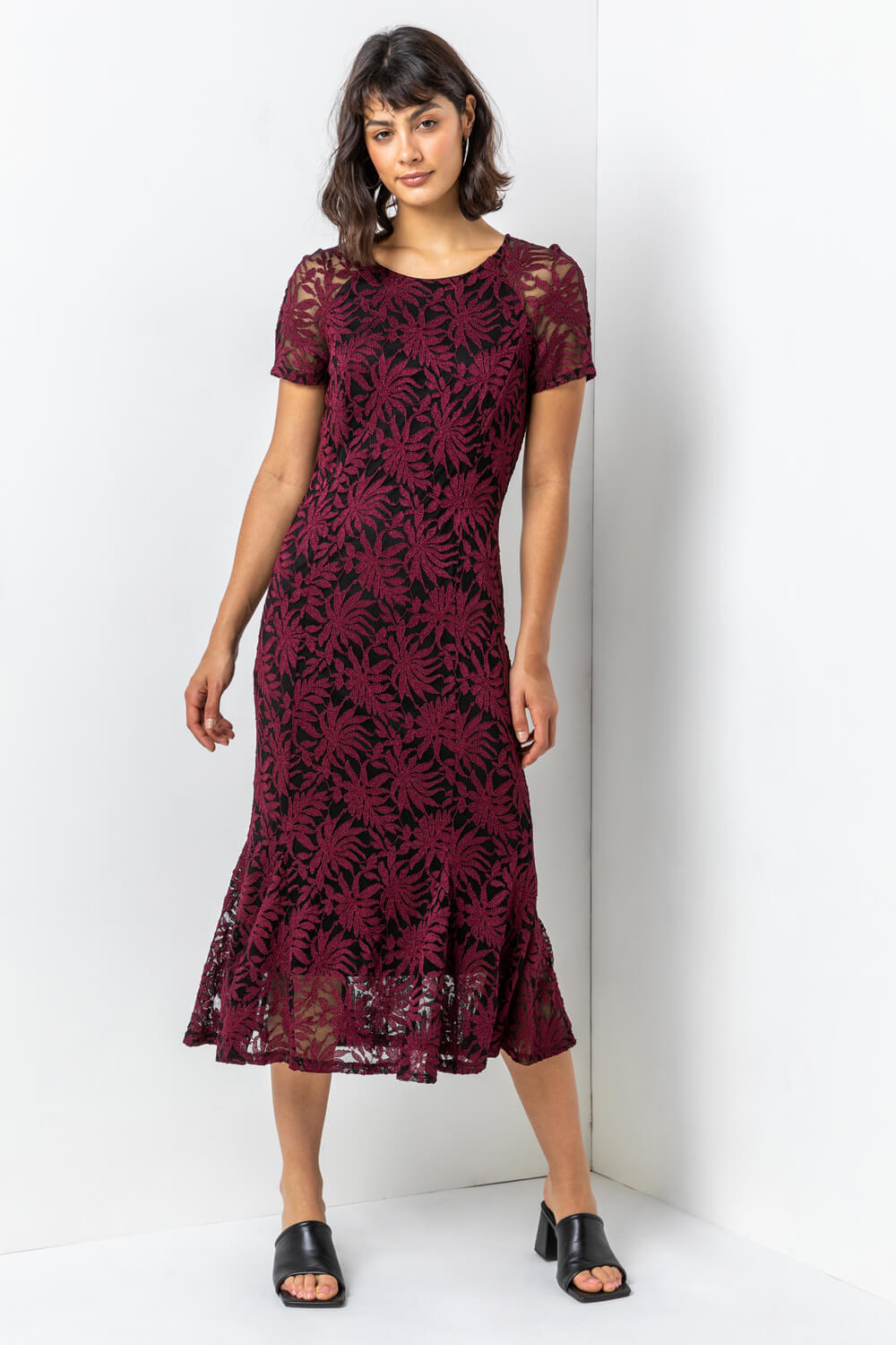 Wine Palm Print Lace Fitted Dress, Image 3 of 5