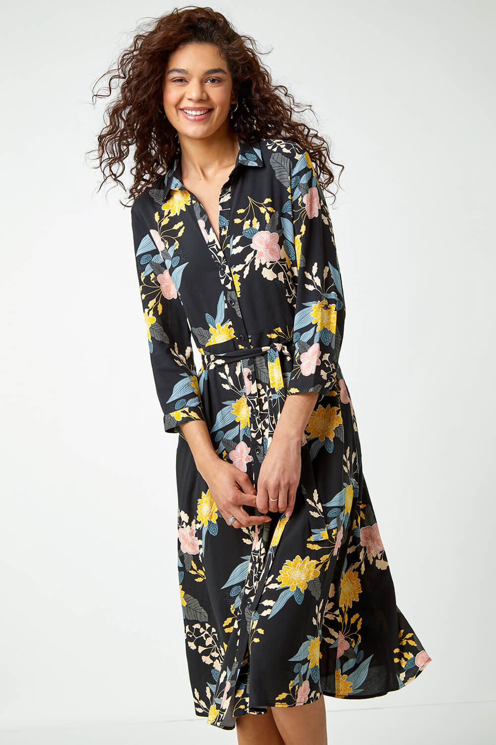 Black Floral Print Midi Shirt Dress, Image 2 of 5