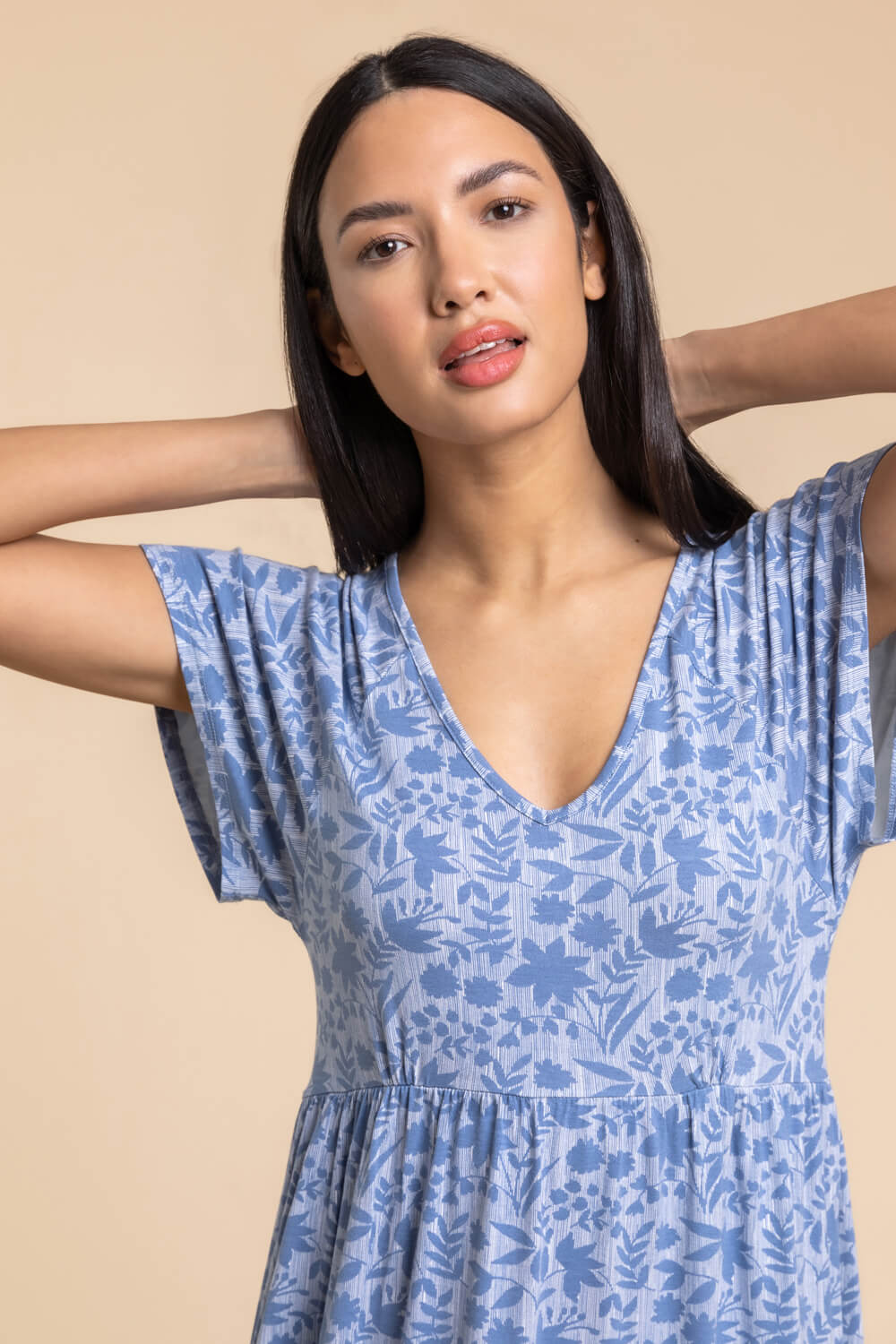 Blue Tiered Floral Print Stretch Dress, Image 4 of 4