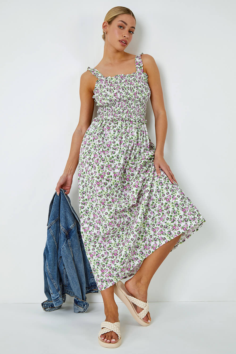 Floral Print Shirred Stretch Maxi Dress