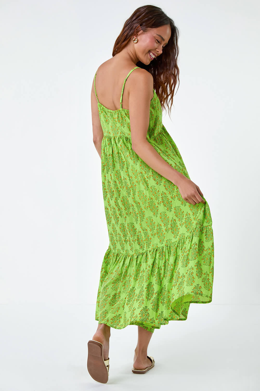Lime Petite Paisley Tiered Cotton Midi Dress, Image 3 of 5