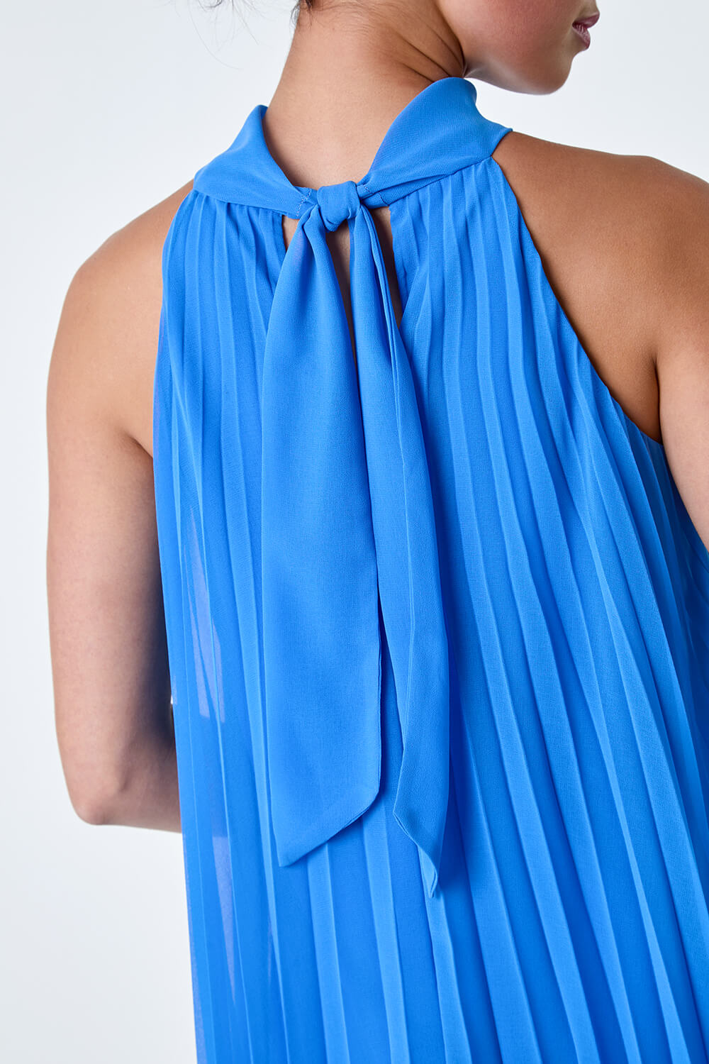 Blue Petite Halter Neck Pleated Dress, Image 5 of 5