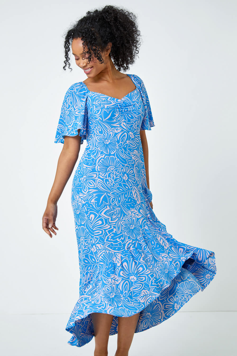 Petite Floral Print Ruched Midi Dress in Blue | Roman UK