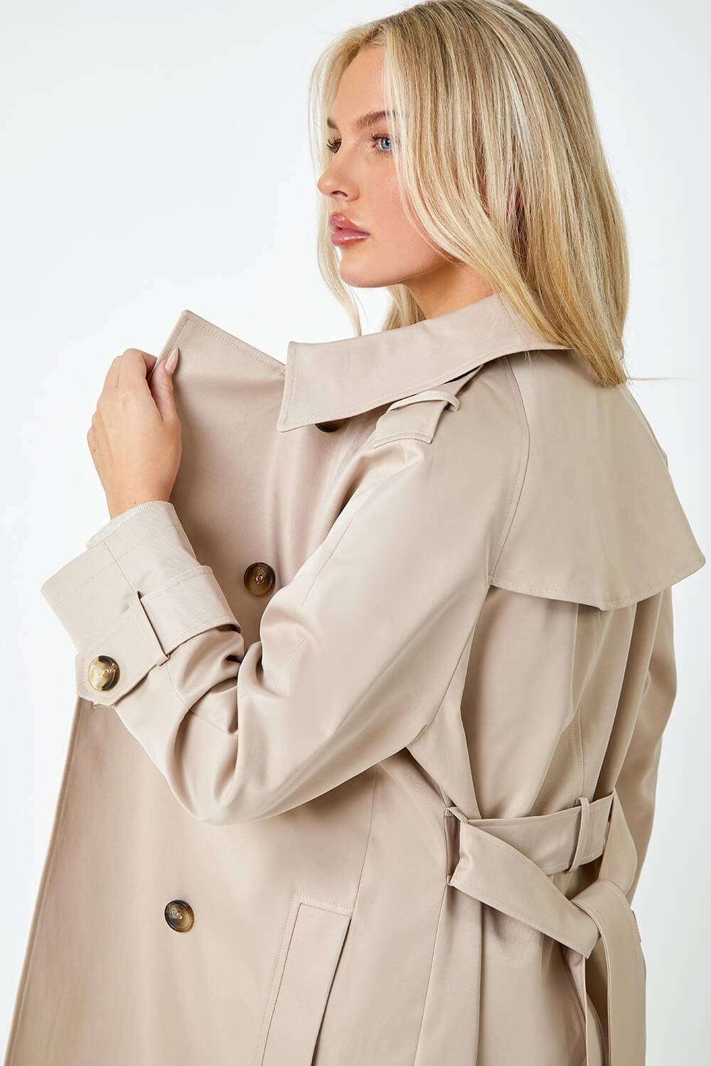 Stone Petite Double Breasted Trench Coat, Image 5 of 6