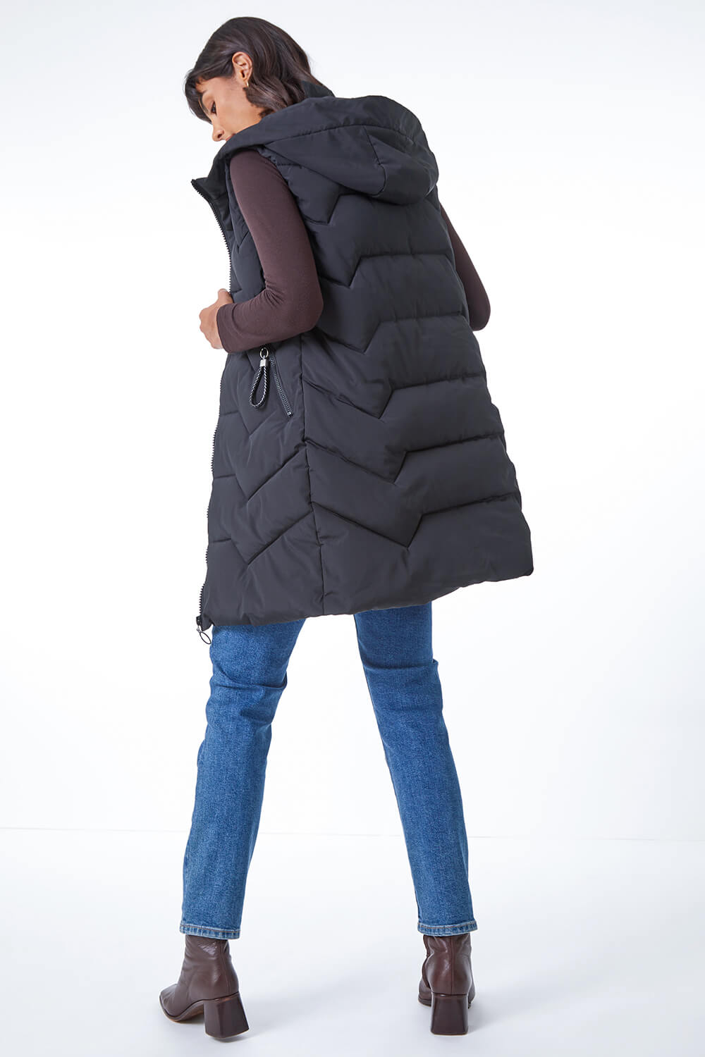 Black Geometric Quilted Hooded Gilet, Image 3 of 5