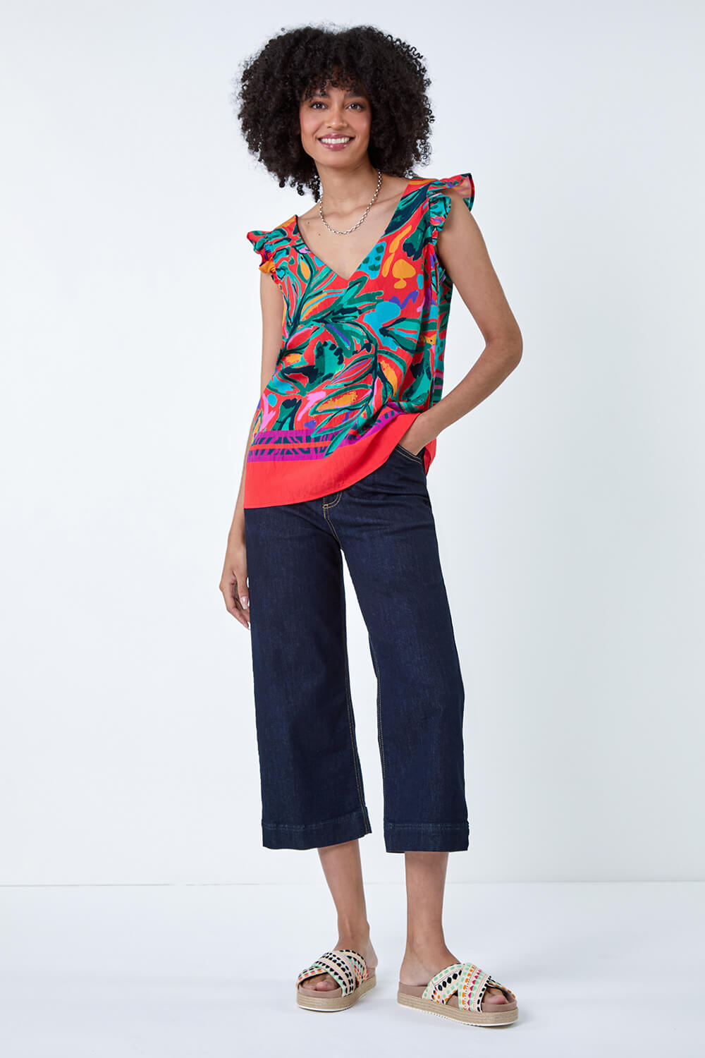 Red Tropical Print Frill Sleeve Vest Top, Image 4 of 5
