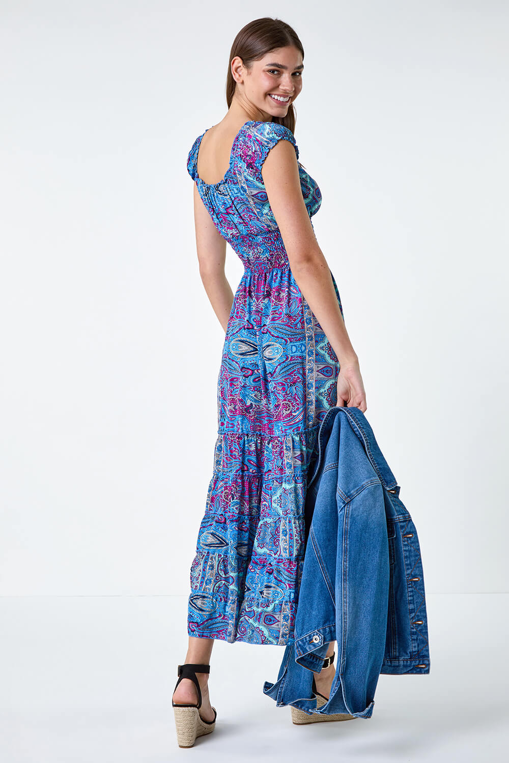 Blue Paisley Print Shirred Frill Maxi Dress, Image 3 of 6