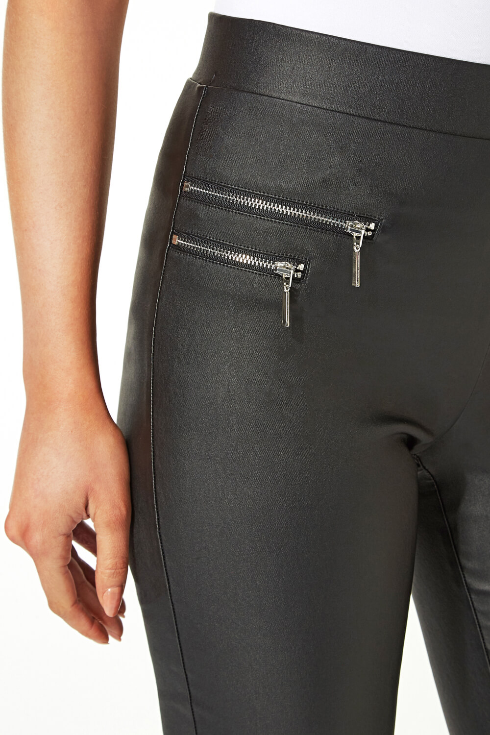 Black Faux Leather Zip Detail Trousers , Image 4 of 5