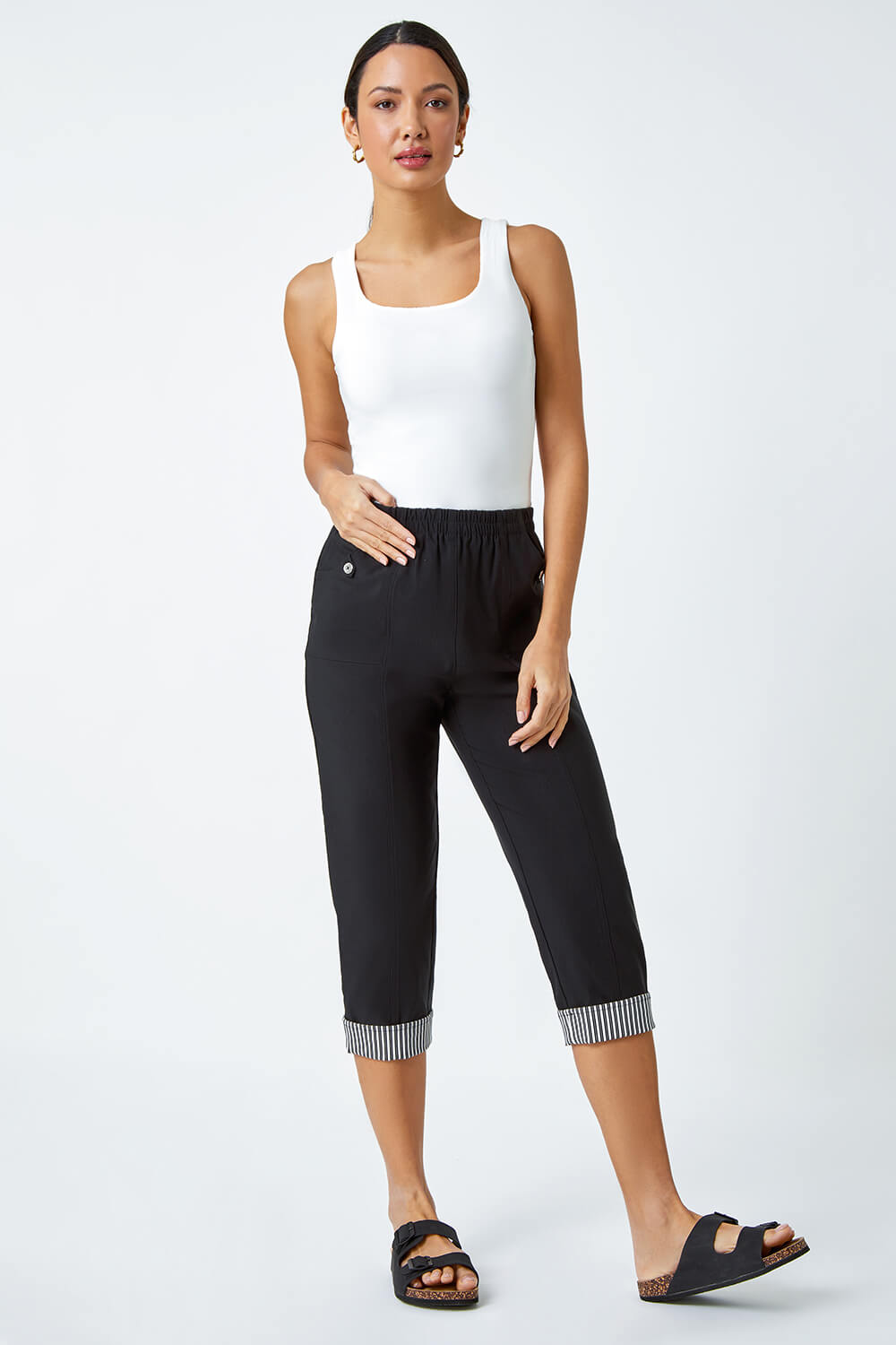 Black Contrast Detail Cropped Stretch Trousers, Image 3 of 5