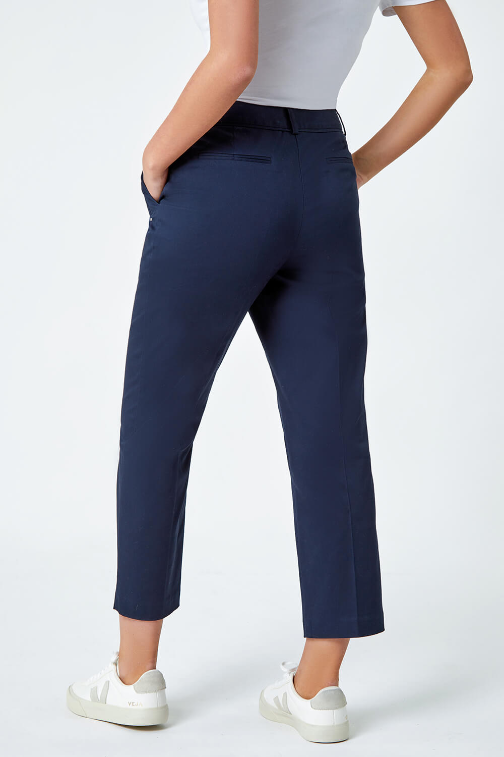 Navy  Petite Cotton Blend Stretch Trousers, Image 3 of 5