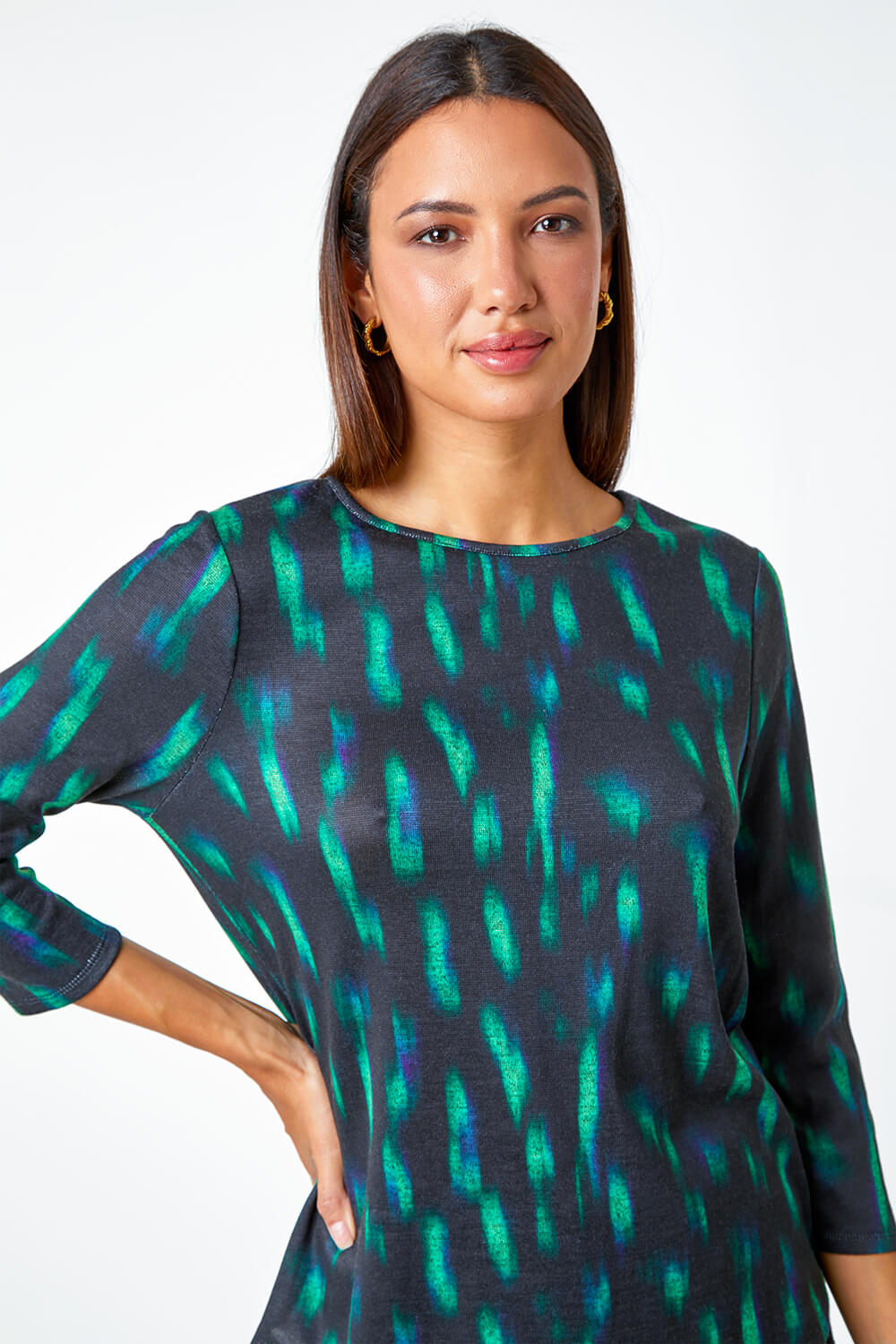 Green Abstract Scoop Hem Stretch Top, Image 4 of 5