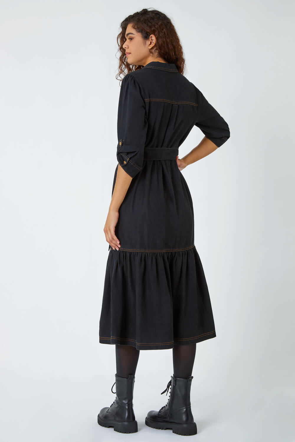 Black Cotton Blend Denim Tiered Midi Dress, Image 3 of 5