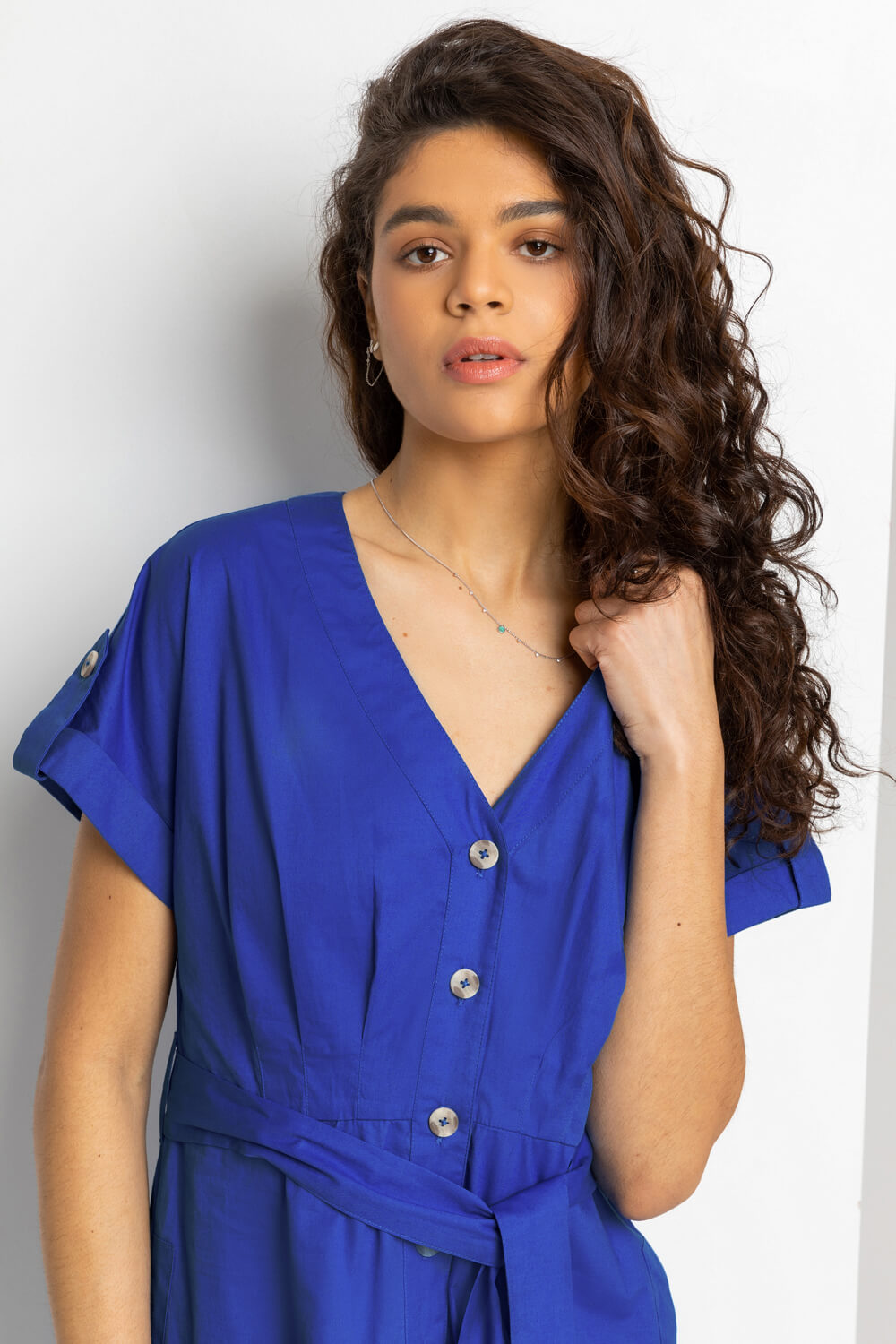Royal Blue Cotton Belted Midi Shirt Dress, Image 4 of 4