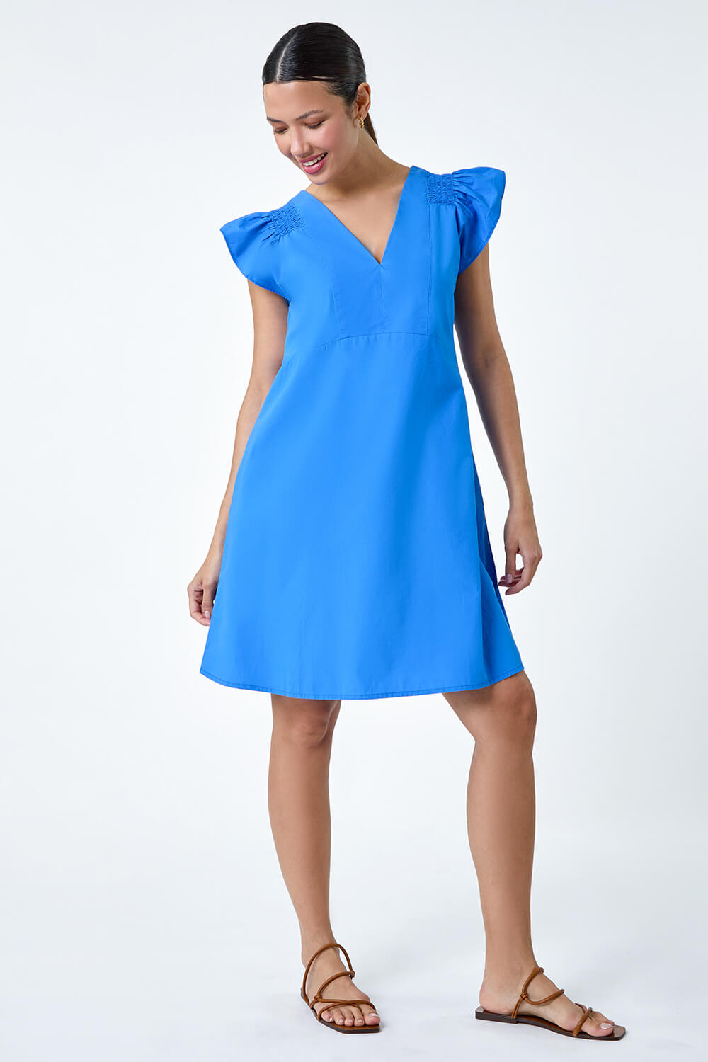 Blue Plain Cotton Frill Sleeve Pocket Dress, Image 2 of 5