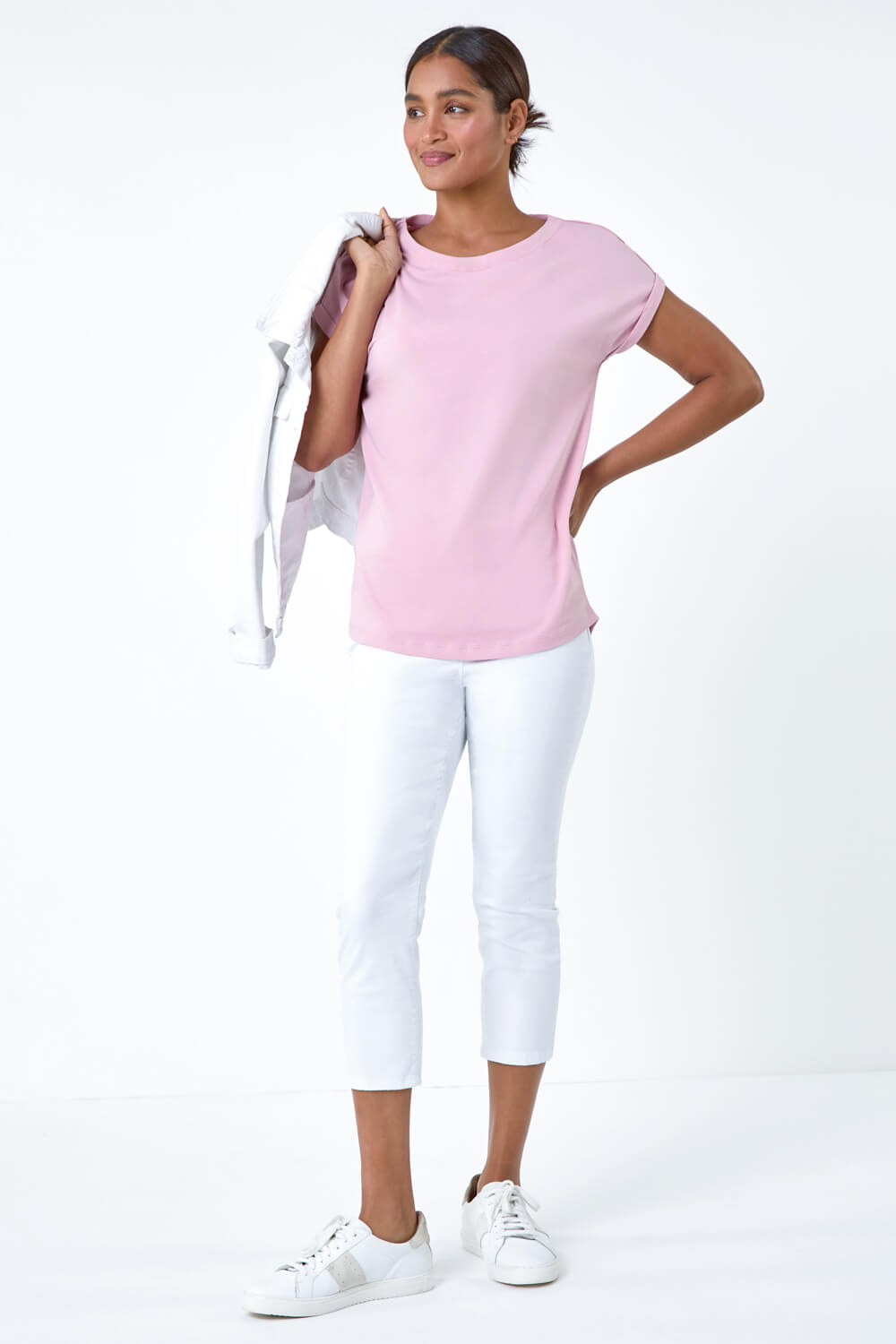 Light Pink Plain Stretch Cotton Jersey T-Shirt, Image 2 of 5