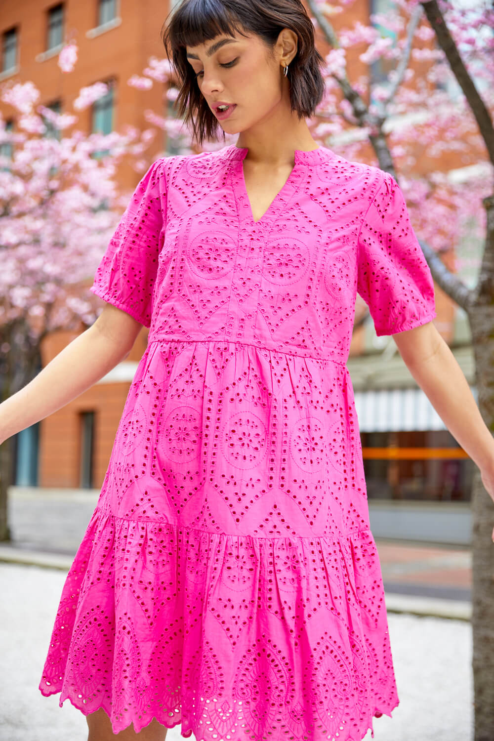 Embroidered Tiered Cotton Smock Dress