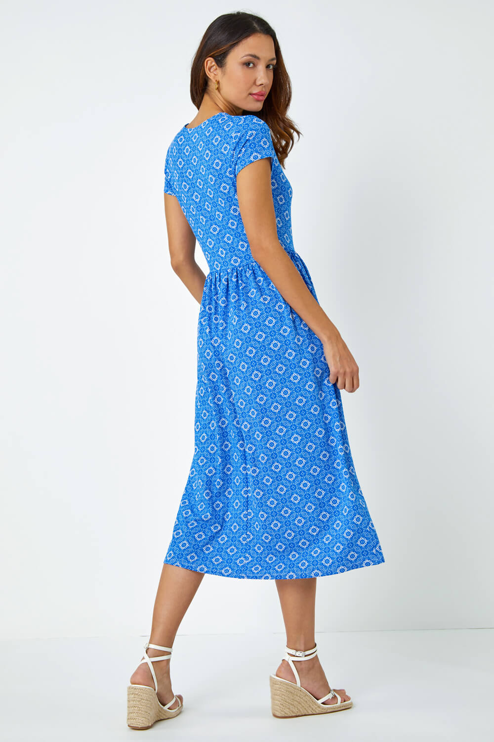 Royal Blue Tile Print Midi Stretch Dress, Image 3 of 5