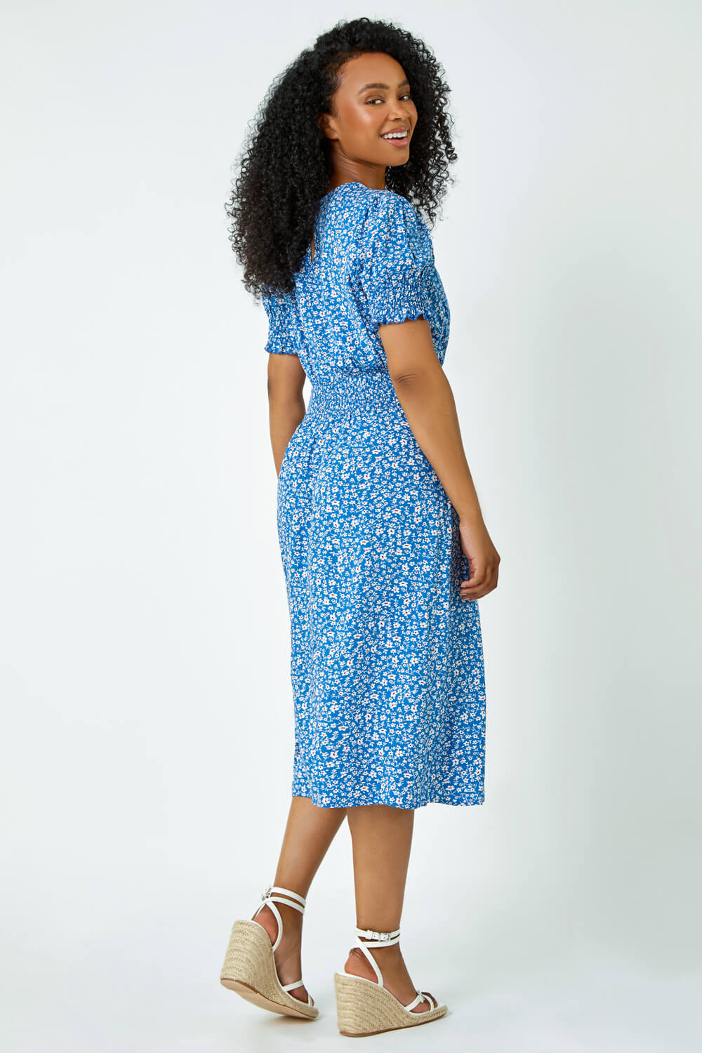 Blue Petite Ditsy Floral Stretch Dress, Image 3 of 5