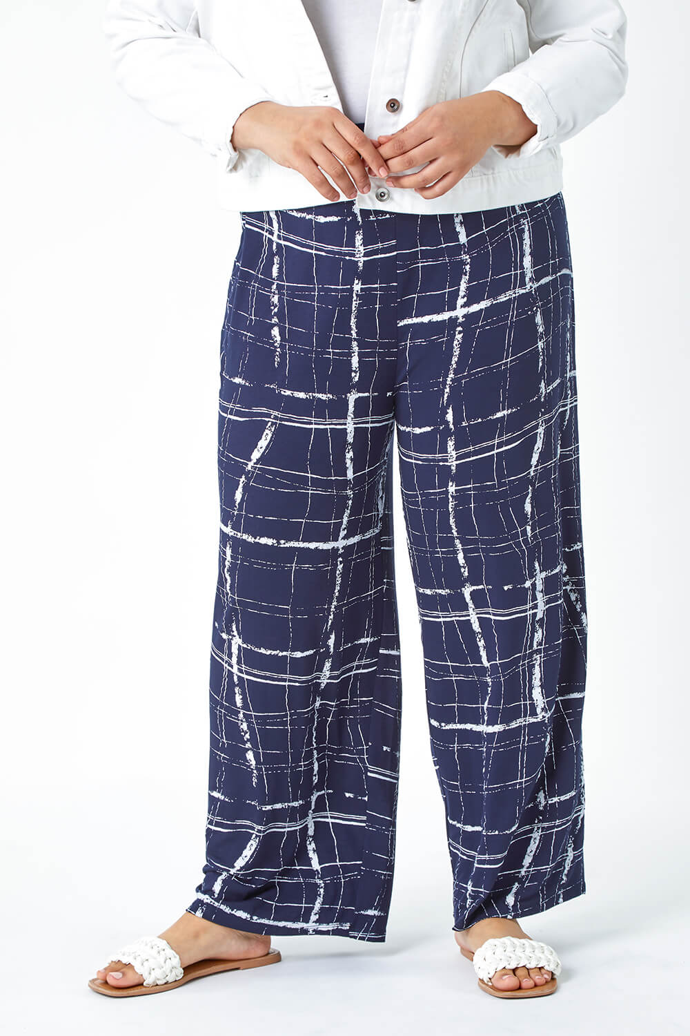 Navy  Curve Check Print Palazzo Trousers, Image 4 of 5