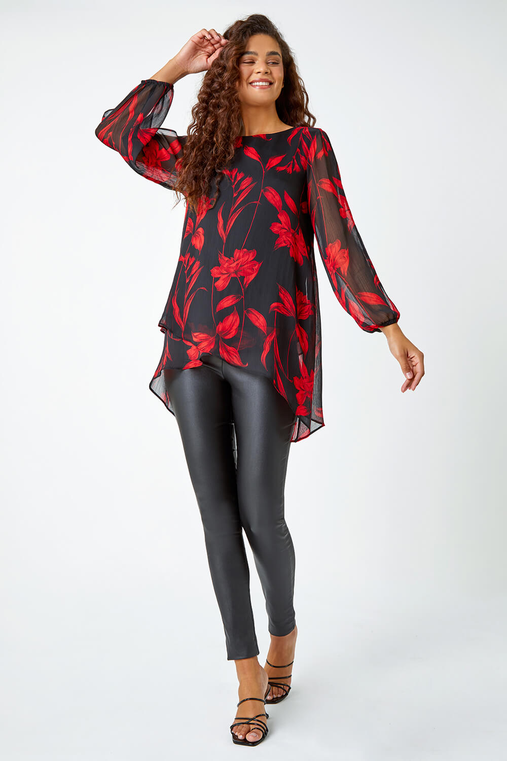Red Floral Chiffon Layered Tunic Top, Image 2 of 5